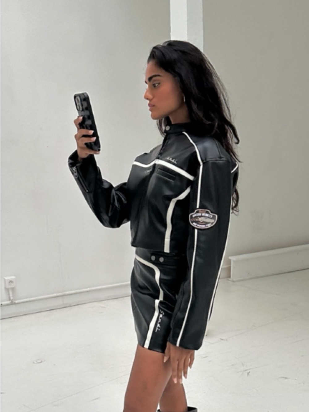 Urban Outfitters Black Faux Leather Jacket with White Piping